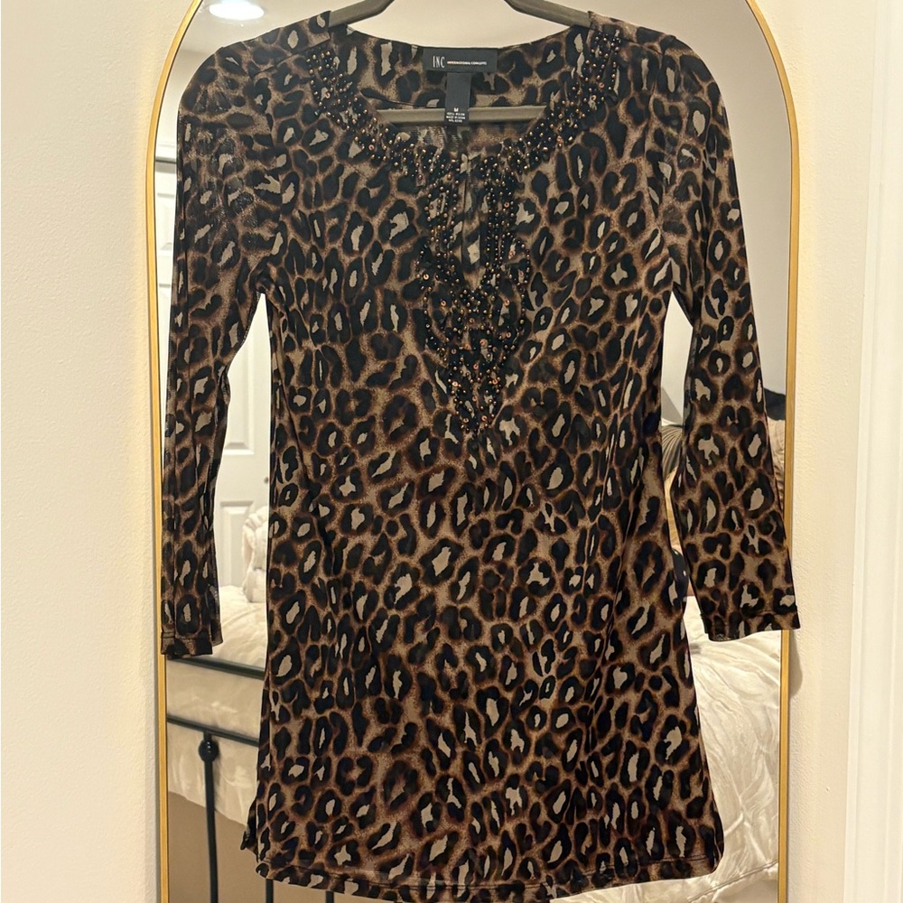 INC Leopard Print Tunic with Beaded Neckline & 3/4 Length Sleeves